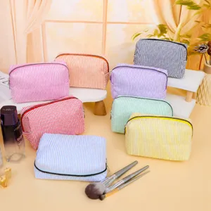 Striped Embroidered Makeup Bag Large Capacity Toiletry Organizer Portable Handheld Travel Cosmetic Storage Bag