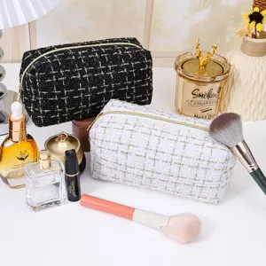 Koreanischer Stil Tweed Schminktasche Große Kapazität Karo Handtasche Tragbare Reise Kulturbeutel Aufbewahrungstasche
