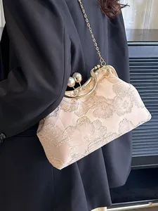 Vintage Chinese Style Velvet Evening Handbag Elegant Floral Embroidery Clutch Pearls Metal Frame Chain Strap Handbag For Cheongsam Women Bag