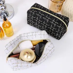 Koreanischer Tweed Kosmetiktasche große Kapazität karierte Make-up Tasche tragbarer Organizer.