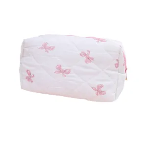 Cute pink bow quilted cosmetic bag portable makeup pouch travel storage bag organizer