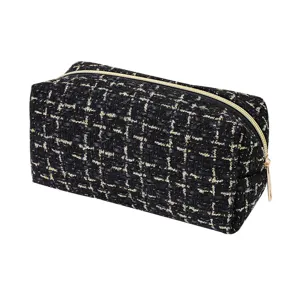 Schwarze goldene Tweed Kosmetiktasche große Kapazität Make-up Tasche tragbar für Reise.