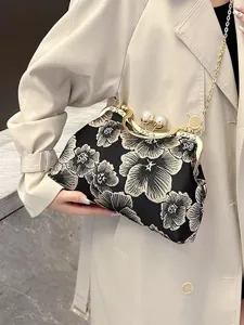 Vintage Chinese style floral embroidered handbag with pearl clasp and gold chain