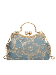 Elegant Chinese style evening clutch bag with gold floral embroidery and pearl clasp