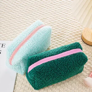 Fluffy teddy fleece cosmetic bag portable large capacity pencil case soft storage pouch
