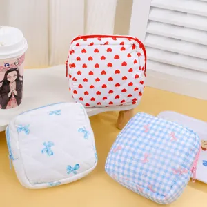 Quilted Cosmetic Bag Storage Pouch Cute Bow Heart Print Portable Makeup Pouch Travel Sanitary Pad Organizer For Women