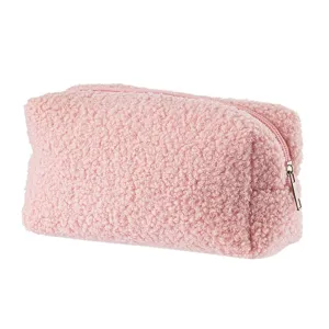 Cute pink teddy fleece cosmetic bag, soft fluffy large capacity pencil case and pouch.