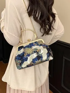 Elegante borsa vintage in stile cinese con ricamo di gru e sottile catena d'oro