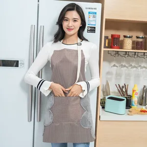 Adjustable kitchen apron with hand wiping towels, stylish striped cooking bib for home use.