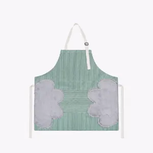 Green and white striped kitchen apron size chart with double-sided absorbent hand wipe pads.