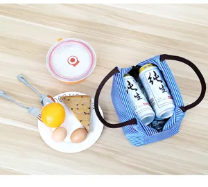 Detailed view of blue and white striped insulated lunch bag showcasing roomy interior capacity.