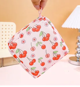 Cute pink cherry print sanitary napkin storage bag, portable zipper cosmetic pouch for travel.