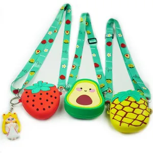 Kinder Silikon Obst Münzbeutel Umhängetasche süße Erdbeere Avocado Ananas Tasche mit Gurt