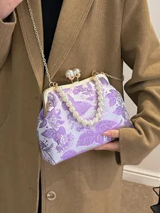 Chinesischer Stil Blumenstickerei Handtasche Mit Künstlichem Perlengriff Elegant Retro Klippverschluss Qipao Abend Clutch Umhängetasche