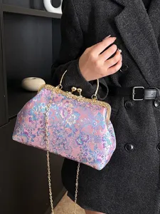 Elegante borsa a mano retrò in stile cinese con stampa floreale e catena oro