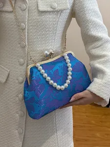 Elegante blaue chinesische Stickerei-Clutch-Tasche mit Perlengriff und Kette