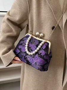 Elegante Vintage-Handtasche im chinesischen Stil mit lila Blumenstickerei und Perlengriff