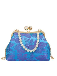 Elegante blaue Seidenclutch im chinesischen Stil mit Stickerei, Perlengriff und Goldkette
