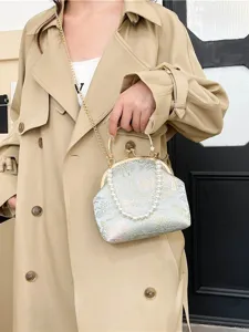 Elegant silk floral handbag with pearl handle and gold chain for Hanfu dress