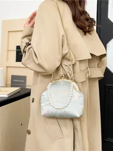 Elegant silk floral handbag with pearl handle and gold chain for Hanfu or Qipao