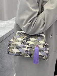 Borsa a Scatto in Velluto Broccato in Nuovo Stile Cinese Borsa Retrò Ricamata con Nappa Elegante Accessorio Cheongsam Donna