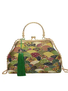 Borsa a mano vintage in tessuto stile cinese con chiusura a bacio e decorazione nappina verde