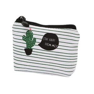 Carino portamonete in tela con righe verdi e stampa cactus. Piccola borsa di stoccaggio.