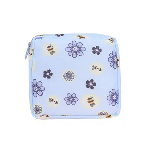 Cute floral bee printed mini square zipper storage pouch for sanitary pads lipstick cosmetics organizer
