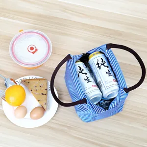 Blue and white striped canvas insulated lunch bag, portable thermal bento handbag for daily use.