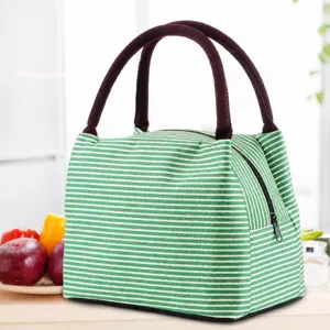 Insulated lunch bag green striped thermal tote cooler handbag for office school picnic