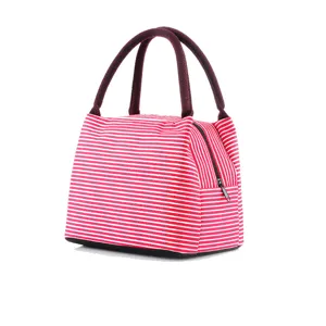 Red striped insulated lunch bag, portable canvas bento handbag for office school daily use.