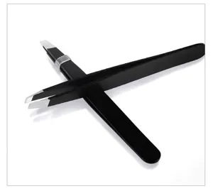 Stainless steel black eyebrow tweezers, professional slanted tip precise beauty tool.