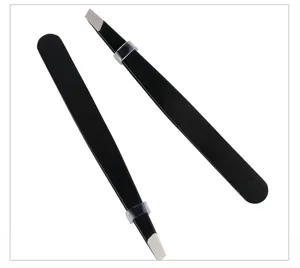 Stainless steel slanted eyebrow tweezers for precise hair plucking and makeup application details.