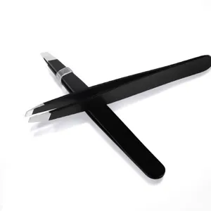 Stainless steel black eyebrow tweezers set, professional angled and flat tips makeup tool.