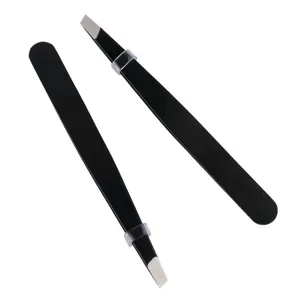 Stainless steel black slant and flat tip eyebrow tweezers with protective caps for makeup.