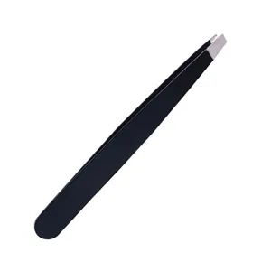Professional black stainless steel slanted eyebrow tweezers for precise hair plucking tool.