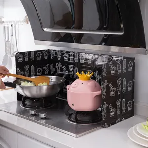 Foldable kitchen oil splash guard, aluminum foil stove heat insulation baffle with cactus print.