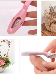 Close-up detail of pink foot callus remover showing metal grinding surface and handle design for smooth heels.