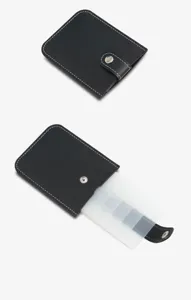 Close-up detail of black PU leather card holder with snap button and layered slots.