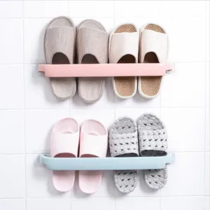 Punch-free wall mounted slipper rack bathroom plastic storage holder organizer shelf