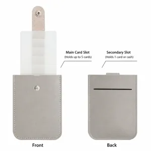 Grey PU leather card holder with snap button, multi-card layered pull-out wallet for women.
