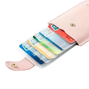 Pink PU leather card holder, multi-slot portable accordion wallet with snap closure.