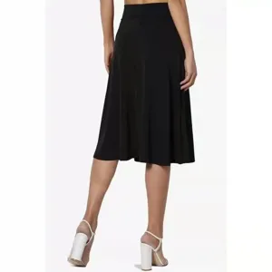 Women's high waist flared midi skirt black elastic casual A-line skirt elegant bottom
