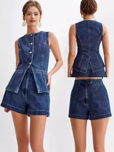 Women Casual Denim Vest And Shorts Set Sleeveless Denim Fabric Top And Bottom Solid Color Fashion Streetwear Outfit