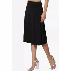 Close-up view of the black elastic midi skirt detail, showing smooth fabric and high waistline.