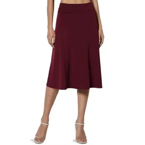 Women's High Waist Midi Skirt Elastic A-Line Solid Color Casual Flare Skirts For Daily Wear Female Apparel
