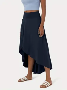 Women high low maxi skirt casual summer navy blue irregular draping skirt elegant commuter