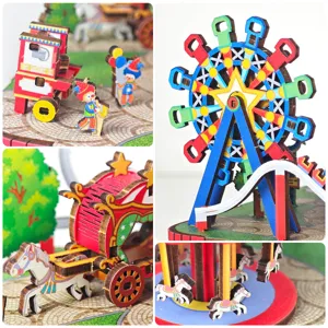 Gedetailleerde foto's van een kleurrijke houten 3D DIY-muziekdoos, ideaal kerstcadeau