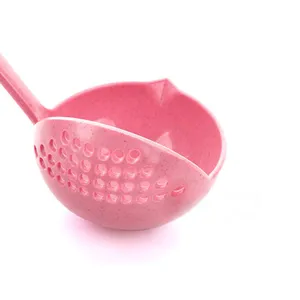 Pink wheat straw kitchen soup colander spoon, long handle two-in-one draining ladle.