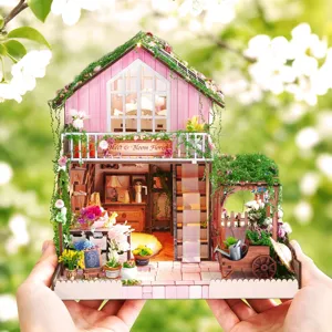 Μινιατούρα DIY ανθοπωλείο σπίτι κούκλας με ροζ τοίχους και λουλουδάτες λεπτομέρειες